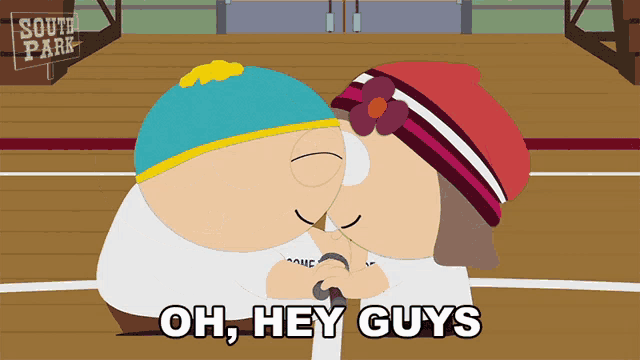 a south park cartoon shows a man and woman kissing