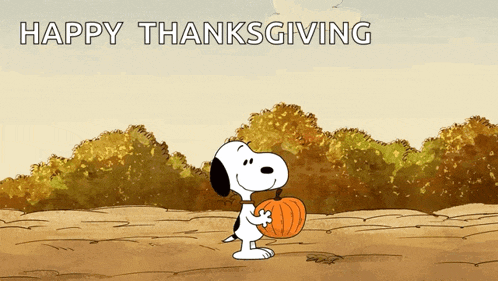 a cartoon of snoopy holding a pumpkin with the words happy thanksgiving behind him