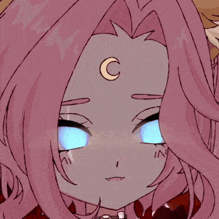 a girl with pink hair has a crescent moon on her head
