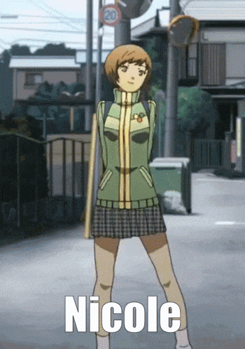 a cartoon character named nicole is standing on a sidewalk