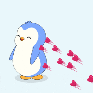 a blue and white penguin is surrounded by hearts