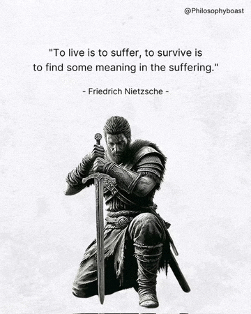 a black and white drawing of a man holding a sword with a quote by friedrich nietzsche .