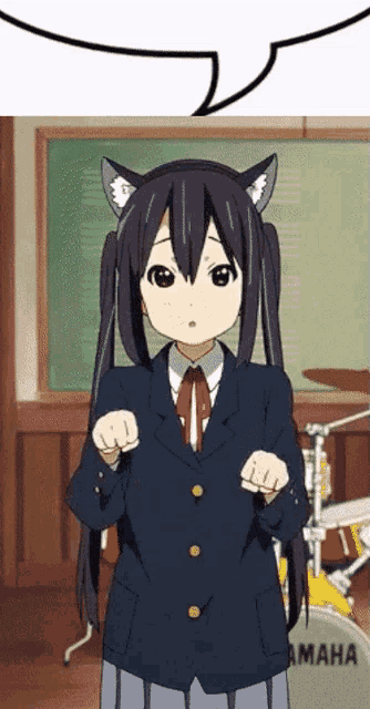 a girl with cat ears stands in front of a yamaha drum