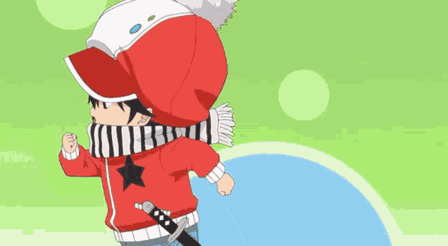 a cartoon character with a red hat and scarf