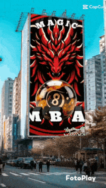a large billboard with a dragon and a pool ball says magic mba