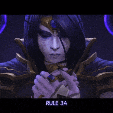 a video game character with rule 34 written on the bottom right