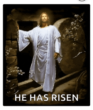 a picture of jesus with the words he has risen