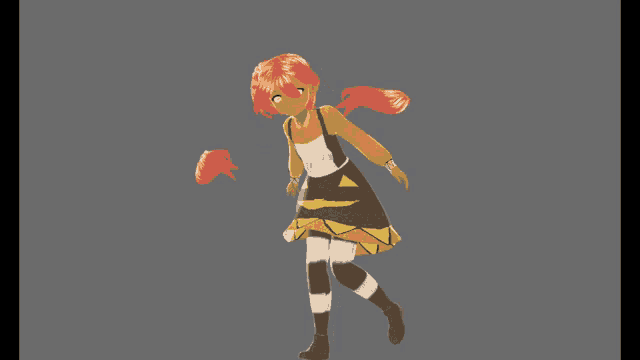 a 3d model of a girl with orange hair and yellow skirt