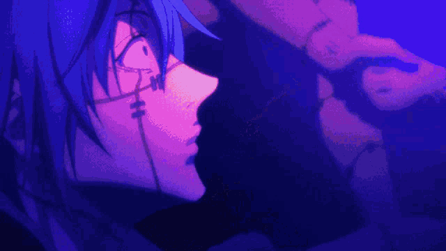 a close up of a person 's face with a blue light behind them