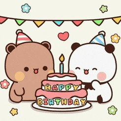 two teddy bears are sitting next to a birthday cake with a candle .