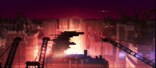 a city with a purple sky and a few cranes in the foreground
