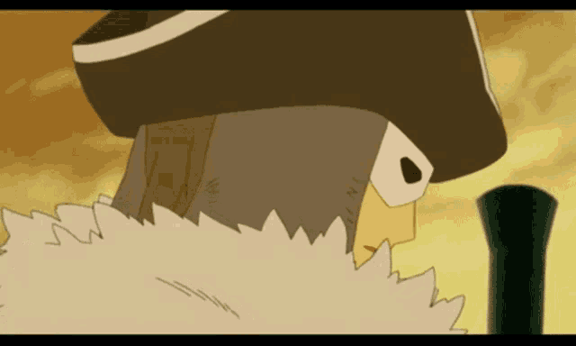 a cartoon character is wearing a hat and a fur collar