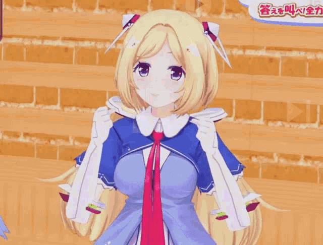 a girl with blonde hair and white gloves stands in front of a sign that says ' answer ' on it