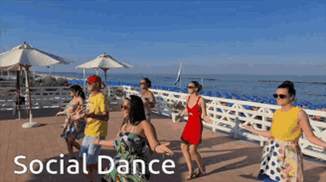 a group of people are dancing on a balcony with the words social dance written below them
