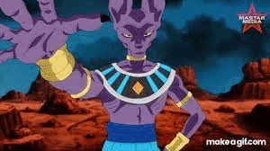 a purple cartoon character is standing in a desert with his hand out .