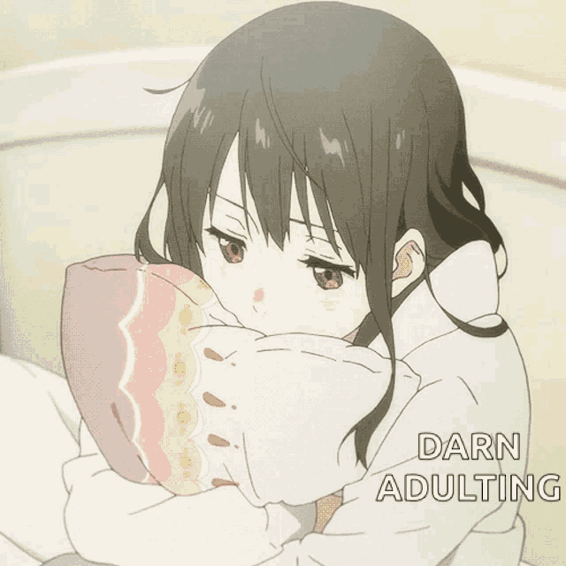 a girl holding a pillow with the words darn adulting written on the bottom