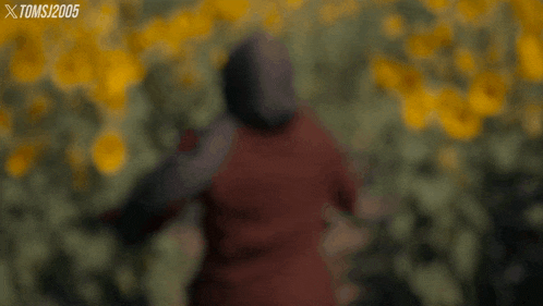 a blurry picture of a woman in a field of sunflowers with the year 2005 on the bottom