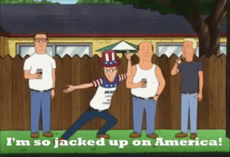 a cartoon of a man in an uncle sam hat saying i 'm so jacked up on america .
