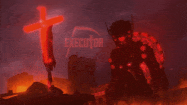 a poster for a video game called executor with a red cross in the background
