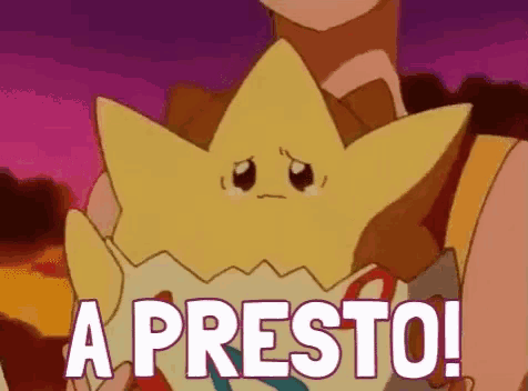 a person is holding a star shaped pokemon in their hands with the words `` a presto '' written below it .