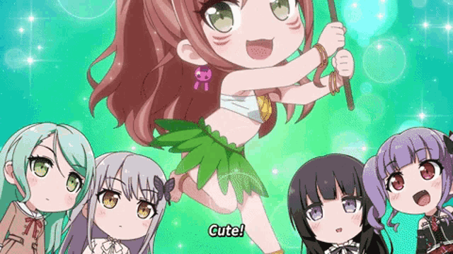 a group of anime girls are standing around a girl in a green skirt that says cute on it
