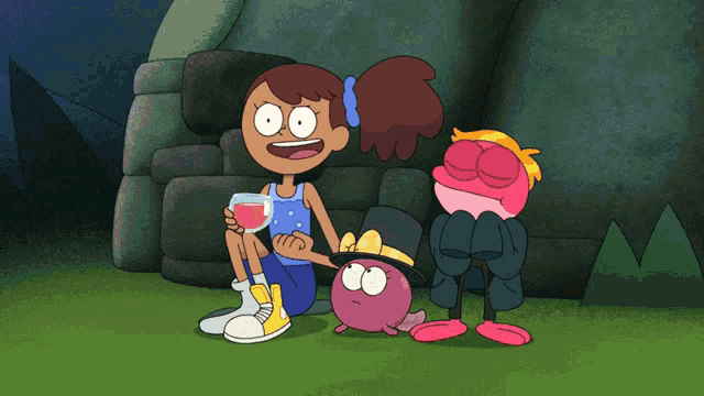 a cartoon of a girl sitting next to a frog