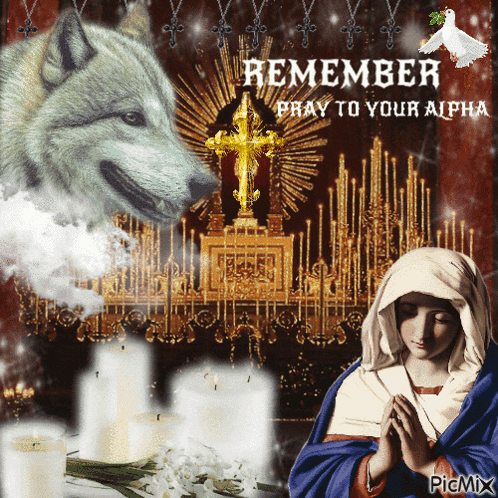 a picture of a wolf and a woman with the words " remember pray to your alpha "