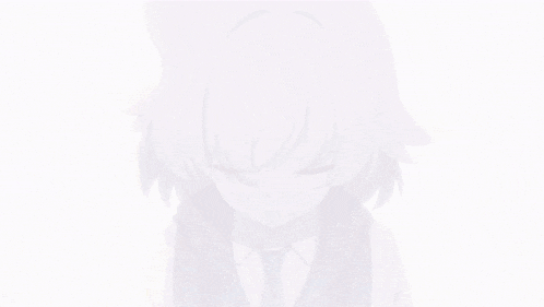 a girl with purple hair and a blue tie is looking down