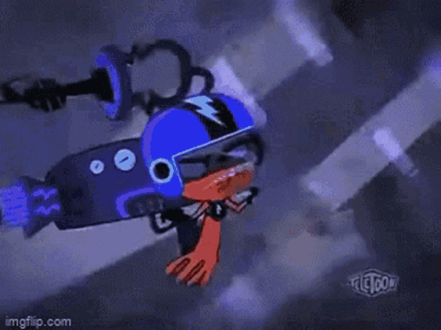 a cartoon character is flying through the air while wearing a helmet and holding a microphone .