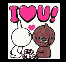 a cartoon of a bunny and a brown bear kissing with the words i love you god bless