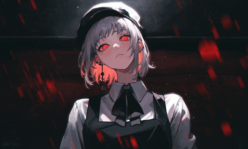a girl with white hair and red eyes is wearing a hat