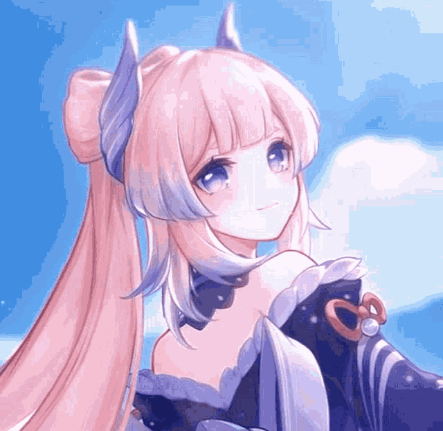 a girl with long pink hair and horns is wearing a purple dress