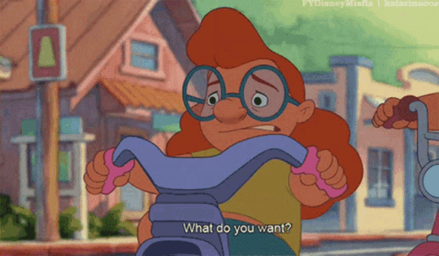 a cartoon character says what do you want while riding a bike