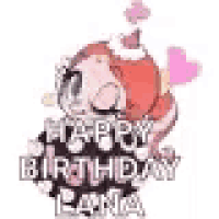 a cartoon of a girl with a birthday hat on her head .