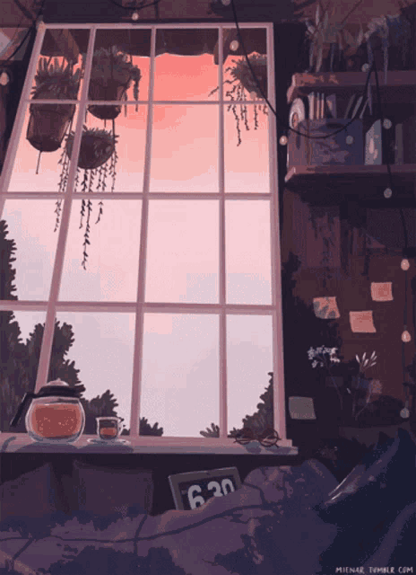 a drawing of a room with a window and a clock that says 6:30