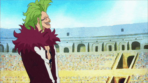 a cartoon of a man with green hair and a purple collar