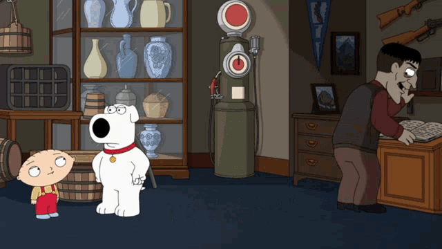 a cartoon of a man looking at a book and a gas pump in the background