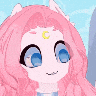 a close up of a cartoon character with pink hair and a moon on her forehead .