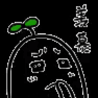 a black and white pixel art of a cartoon character with a red tongue .