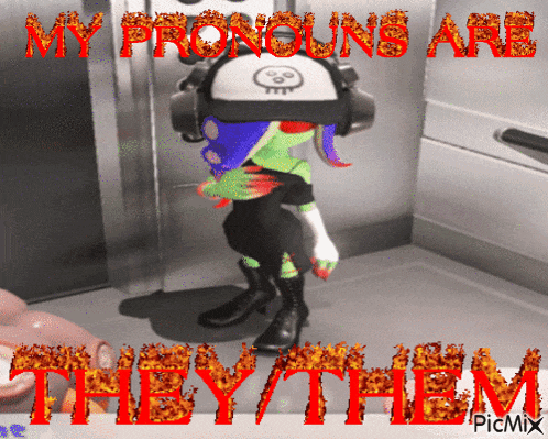 a picture of a cartoon character with the words " my pronouns are they / them " on it