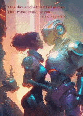 a poster of a robot and a woman with a quote by tom slemen