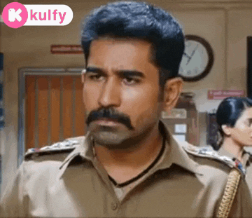 a man with a mustache is wearing a police uniform and standing in a room .