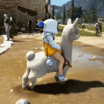 a person is riding a white llama in a video game