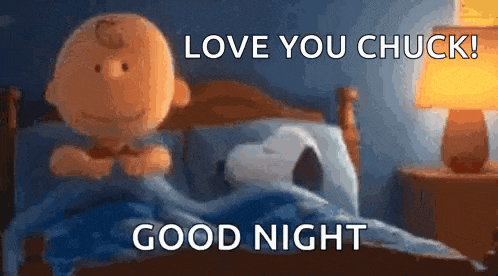 charlie brown and snoopy are sleeping in a bed with the words `` love you chuck , good night '' .