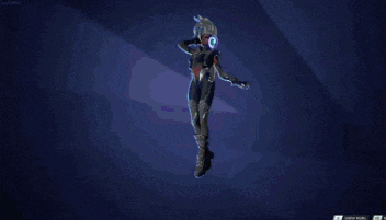 a video game character has a glowing circle around her eyes