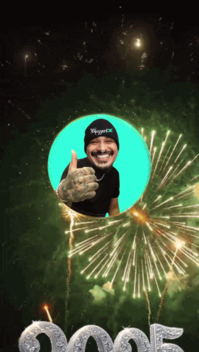 a man giving a thumbs up in front of a fireworks display that says 2005