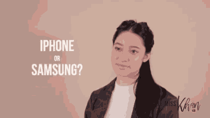 a woman is standing in front of a sign that says iphone or samsung