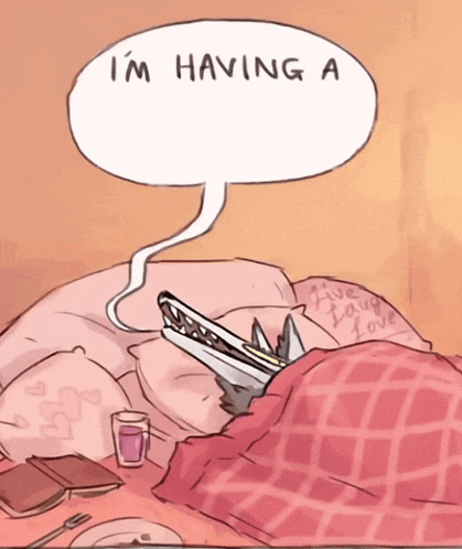 a cartoon of a wolf laying in bed with a speech bubble saying i 'm having a sweet laugh love