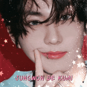 a close up of a person 's face with the name jungwon de kumi on the bottom