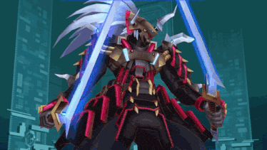 a robot is holding two swords in front of a city